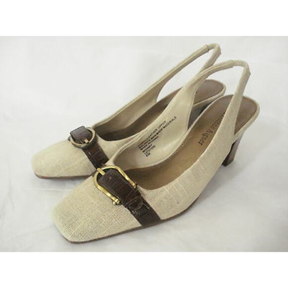 ETIENNE AIGNER MIDWAY LINEN LOOK FABRIC BROWN LEATHER SLINGBACK HEEL SHOE SZ 6M - Picture 2 of 8